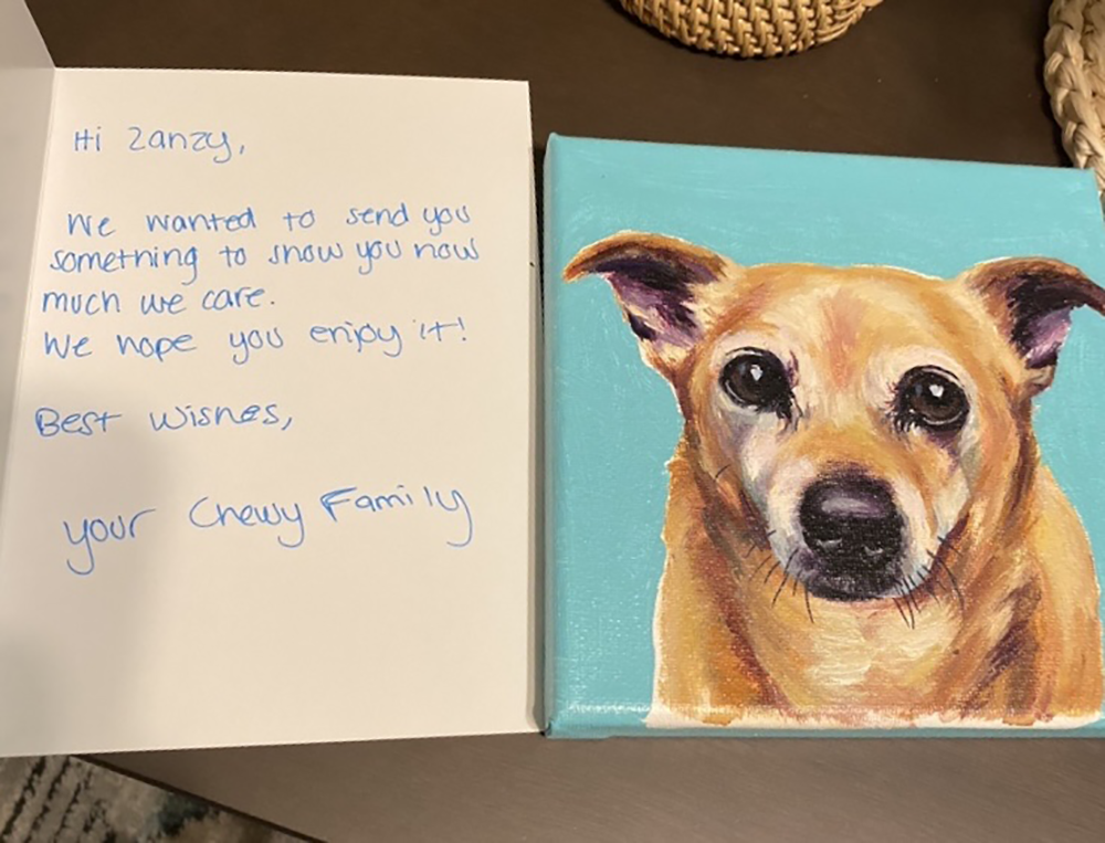 Chewy thank you for your order handwritten message and dog oil painting