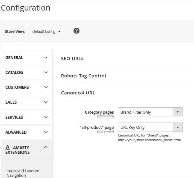 navigation m2 brand seo settings canonical new