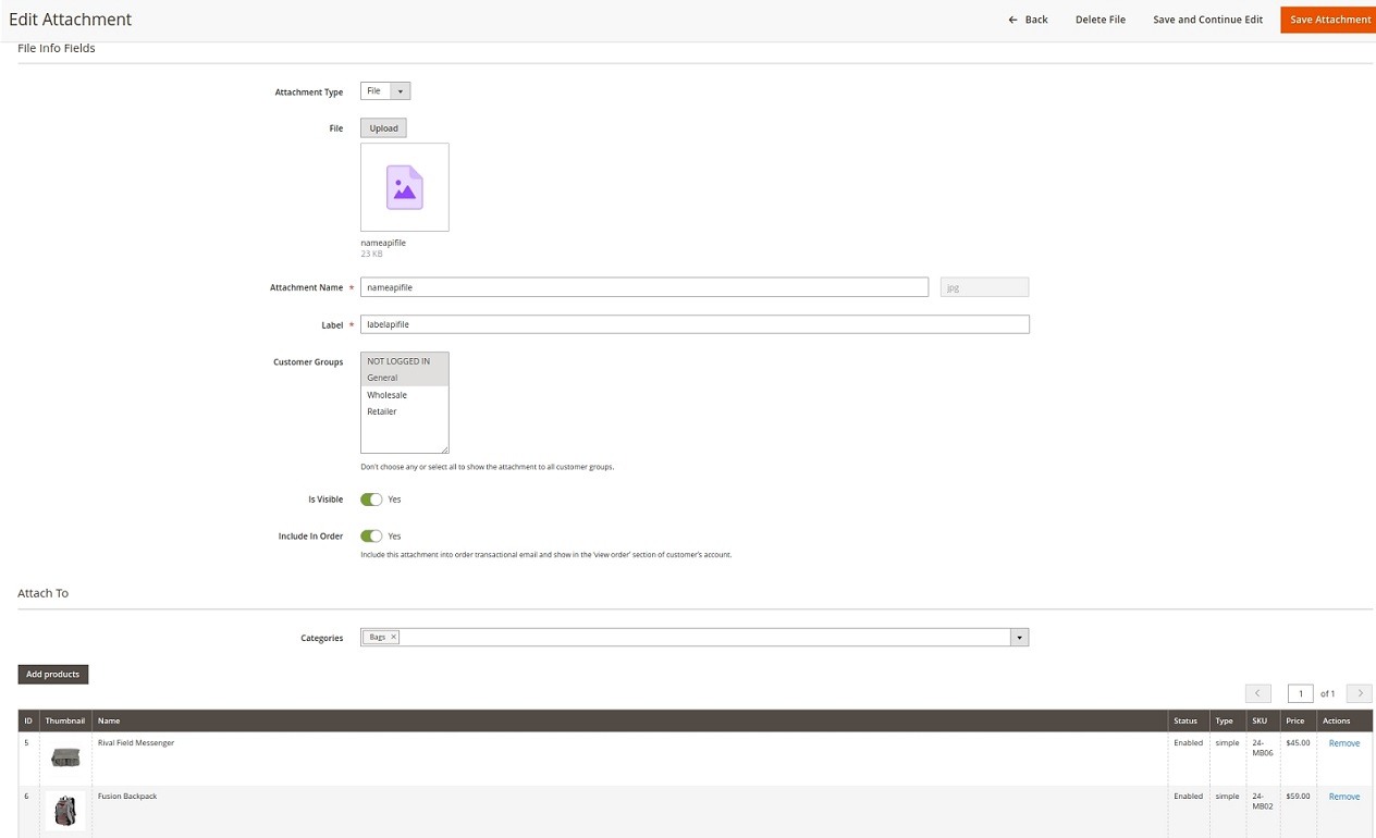 data on the file match our product attachments settings in magento