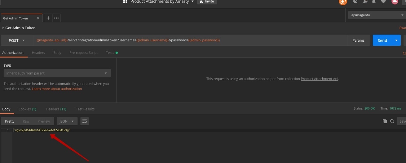 postman generates admin token in magento