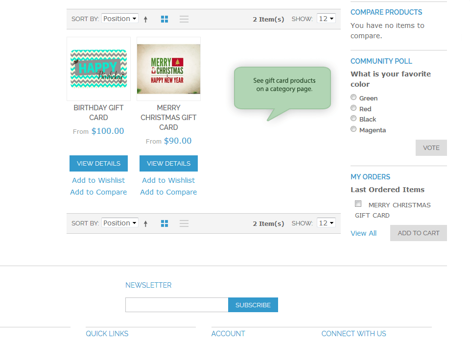 gift card products on a category page.