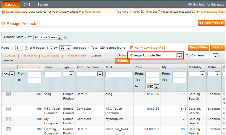 change attribute set in magento