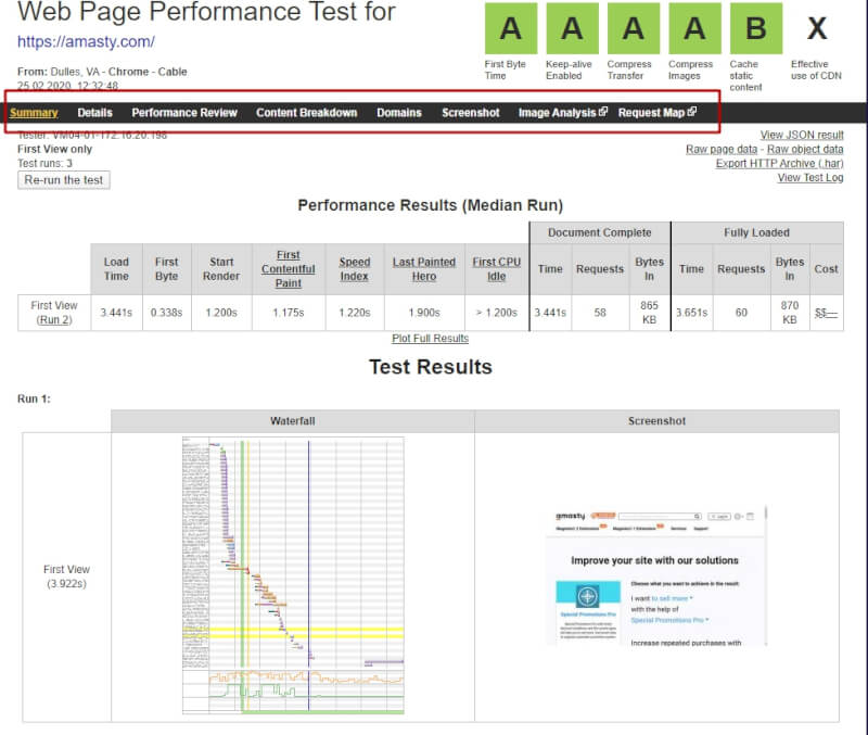 webpagetest results example